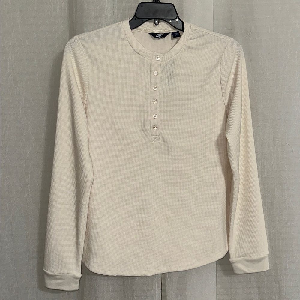 Lands End L Oatmeal Soft Waffle Crew Long Sleeve Quarter Button Henley Top